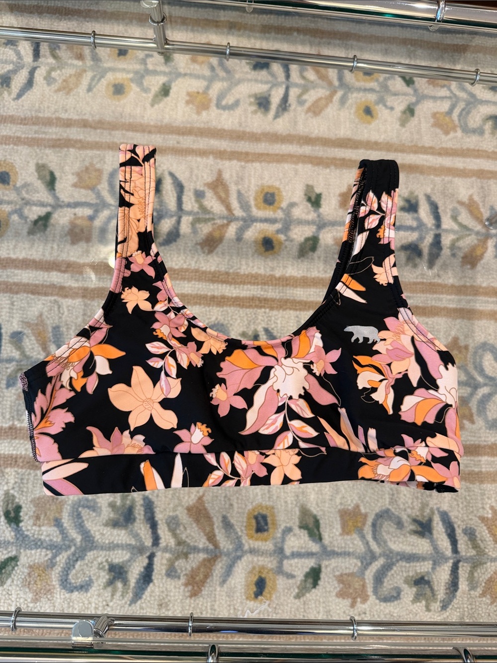 Running Bare Floral Scoop Sports Crop in Black with Pink & Orange Prints